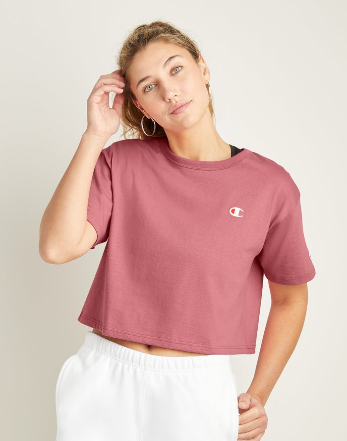 Champion Womens T-Shirt NZ - Heritage Cropped C Logo Coral ( 9821-VKQYI )